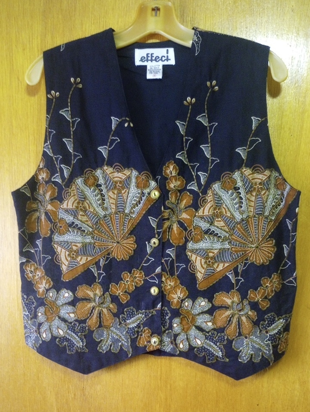 Effeci Vintage Beaded Floral Cotton Vest w/ Japanese Fans. Black Brown Tan Cream